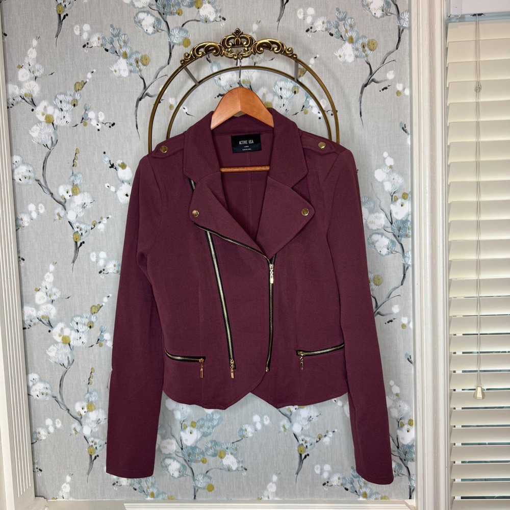 Active USA Burgundy Moto Jacket Gold Zip Textured Crepe J9923 Womens Small